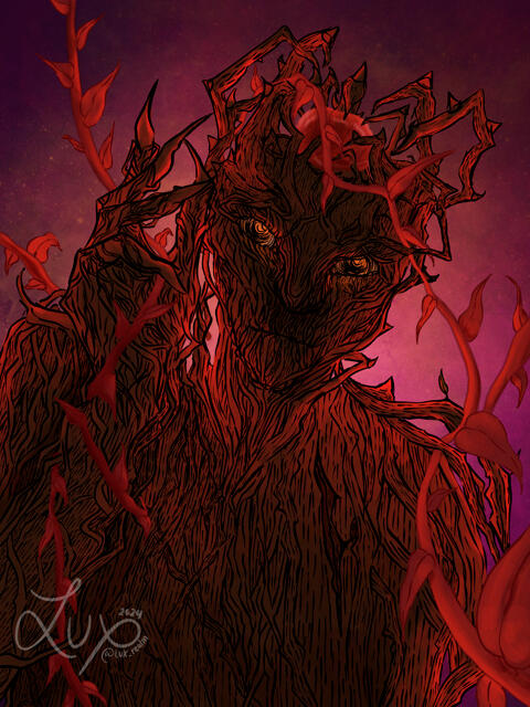 Collab illustration made between art friends over on instagram (unplished for now). First proper appearance of the Guardian, being surrounded by the vines of the Tree of Laments