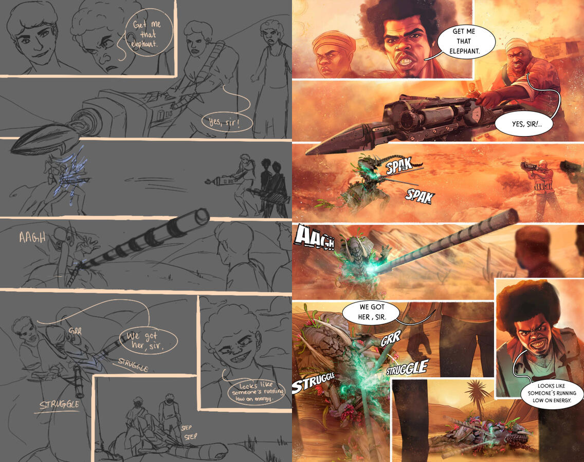 One of the pages of the comic issue #2 of Elesapien that I made a storyboard for and how it ended up looking officially.