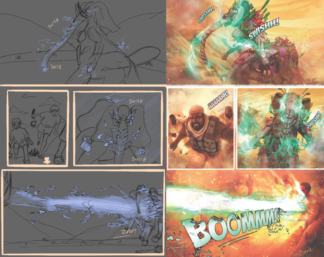 One of the pages of the comic issue #2 of Elesapien that I made a storyboard for and how it ended up looking officially.