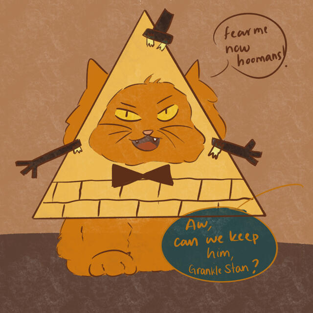 Drawing of Bill Cypher (of Gravity Falls) as a cat. Made for a friend as their billsona (October 2024)