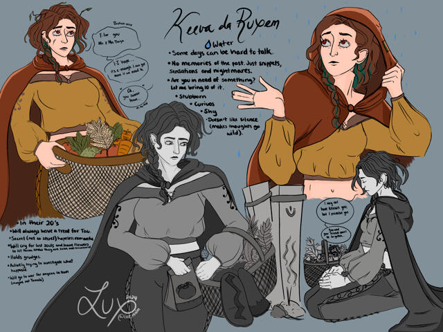 Character sheet of my in-game character in Palia: Keeva da Ruxem. First time drawing her character and personality. (September 2024)