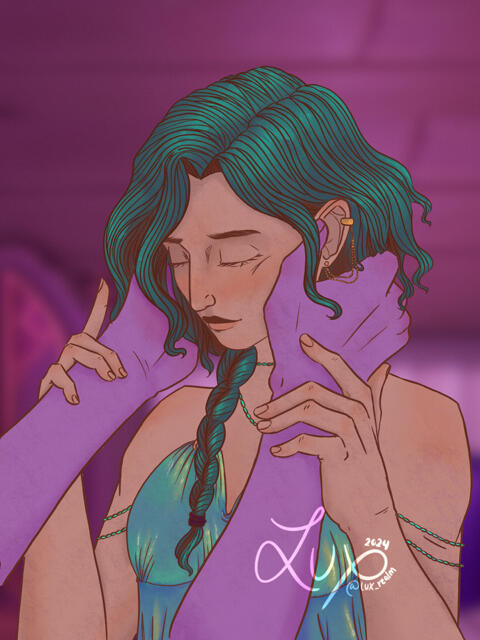 Title: "To adore a Muse" Illustration from my WIP animation for Jel Omiatta x OC (Palia videogame) (November 2024)