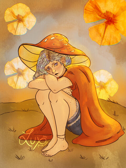 Title: "When I see you, I'm found" Illustration Human AU based on my friend's OC Mushroom. How I think her character would look if she where human. (OC owner: @scatteredpixie on Instagram) (March 2025)